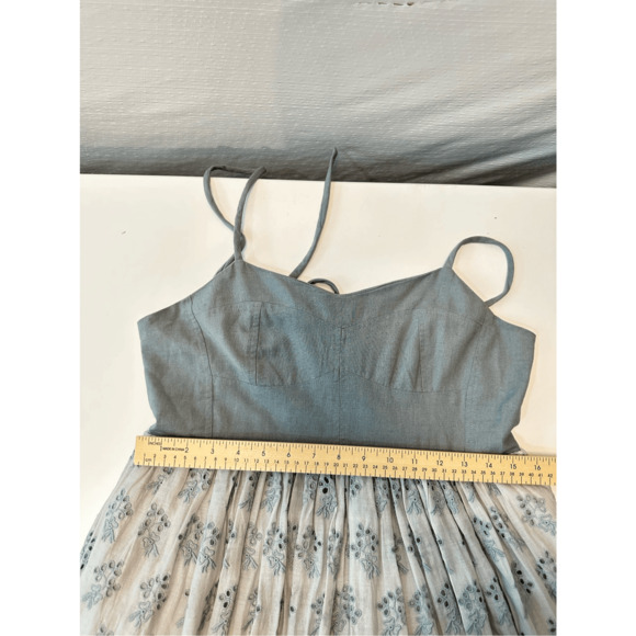 The Great Bustier Embroidered Eyelet Bow Tie Back Camelia Midi Dress M Blue - Picture 9 of 13